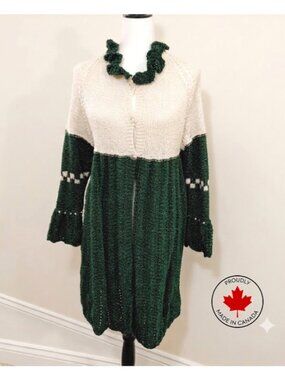 Handmade Cardigan Dress Glitter Beige Green Ruffled Collar Button Front, Sz S-M